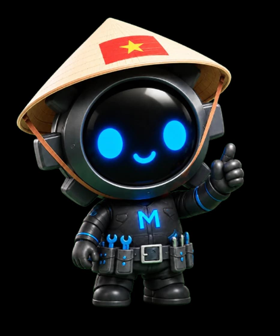 Linh vật Mua Việt Nam: robot đội nón lá gắn cờ Việt Nam, giơ ngón tay cái