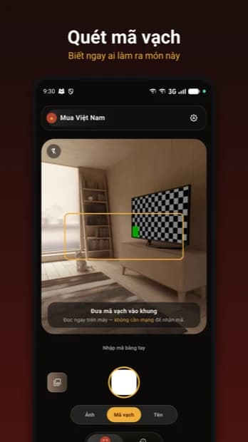 Màn hình quét mã vạch của ứng dụng Mua Việt Nam, khung ngắm màu hổ phách trên nền camera