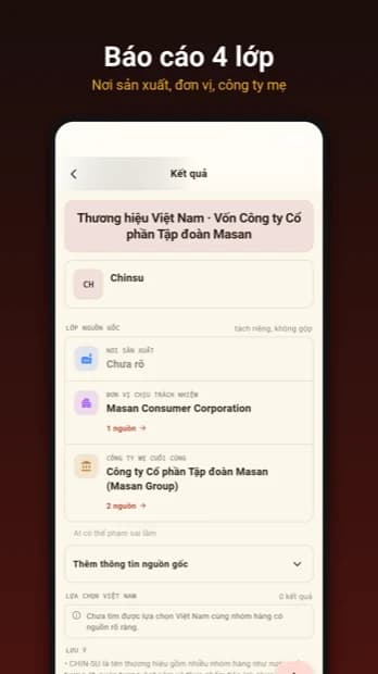Màn hình kết quả hiển thị bốn lớp nguồn gốc với nhãn trạng thái bằng chứng