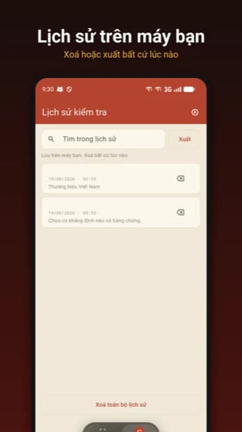 Màn hình lịch sử kiểm tra với nút xuất và xoá toàn bộ
