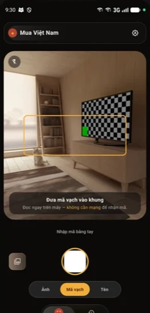 Màn hình quét mã vạch của ứng dụng Mua Việt, khung ngắm màu hổ phách trên nền camera