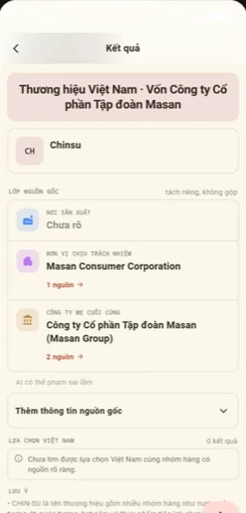Màn hình kết quả hiển thị bốn tầng thông tin nguồn gốc với nhãn trạng thái bằng chứng