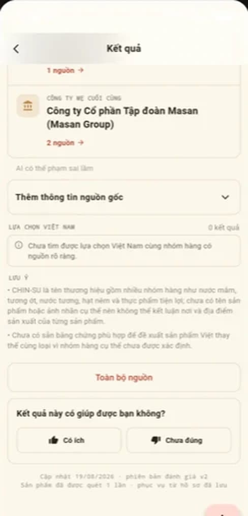 Màn hình kết quả hiển thị danh sách nguồn và nút báo thông tin sai